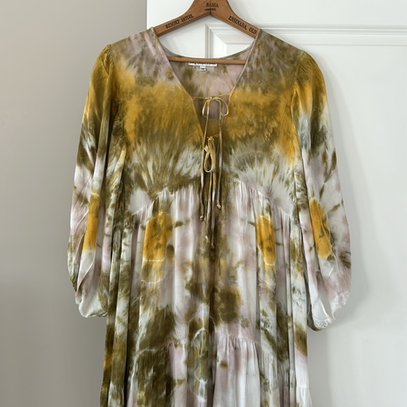 LOWEST PRICE! YBF Dawn Tie-Dye Maxi Dress Rayon Olive Green, Gold w MEASUREMENTS - Picture 3 of 13